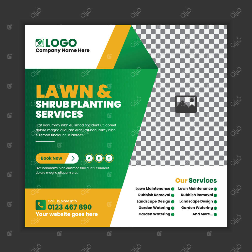 قالب پست شبکه‌های اجتماعی برای خدمات نگهداری از چمن، باغ و طراحی فضای سبز، طراحی بنر سایت نگهداری باغ، خدمات فضای باز و قالب بنر مربع برای محوطه‌سازی سبز