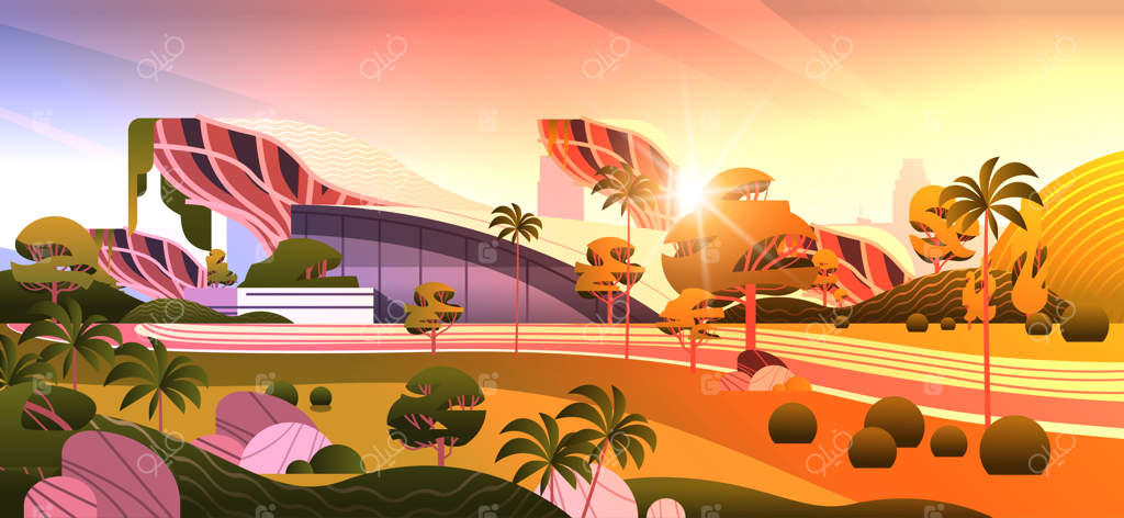 شهر آینده: ساختمان‌های غیرمعمول با اشکال آینده‌نگر و درختان سبز، معماری مدرن در پس‌زمینه نمای شهری در هنگام غروب خورشید - تصویرسازی افقی وکتور