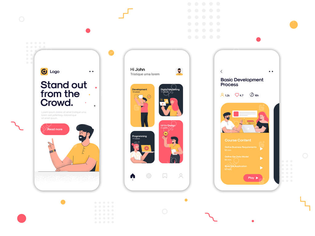 مجموعه‌ای از صفحات رابط کاربری و تجربه کاربری اپلیکیشن دوره‌های آنلاین