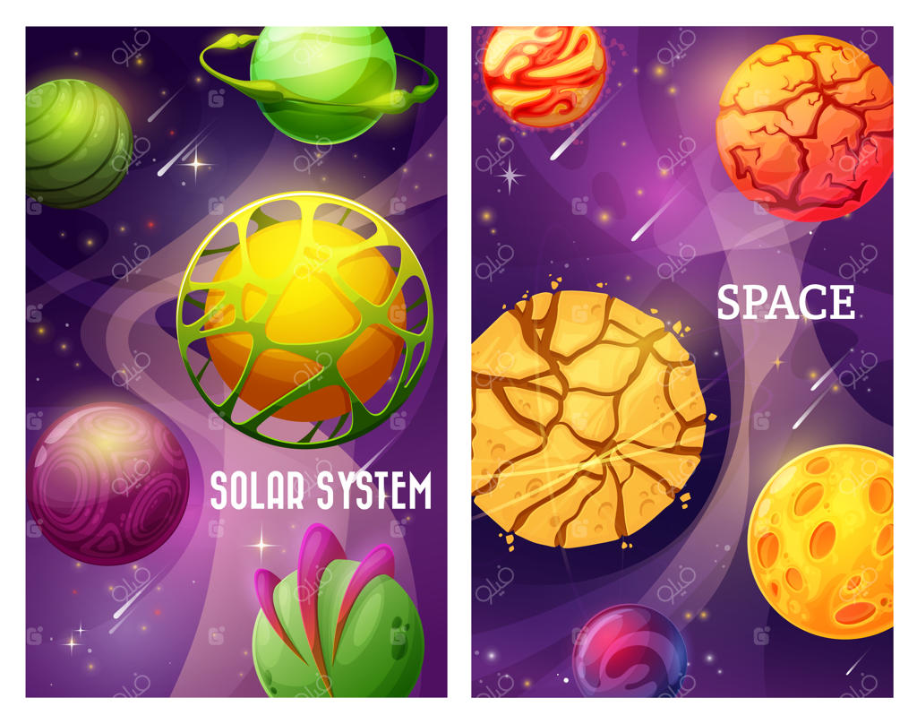 کهکشان فضایی فانتزی، سیاره‌های کارتونی دنیای بیگانه با ستاره‌ها و قمرها