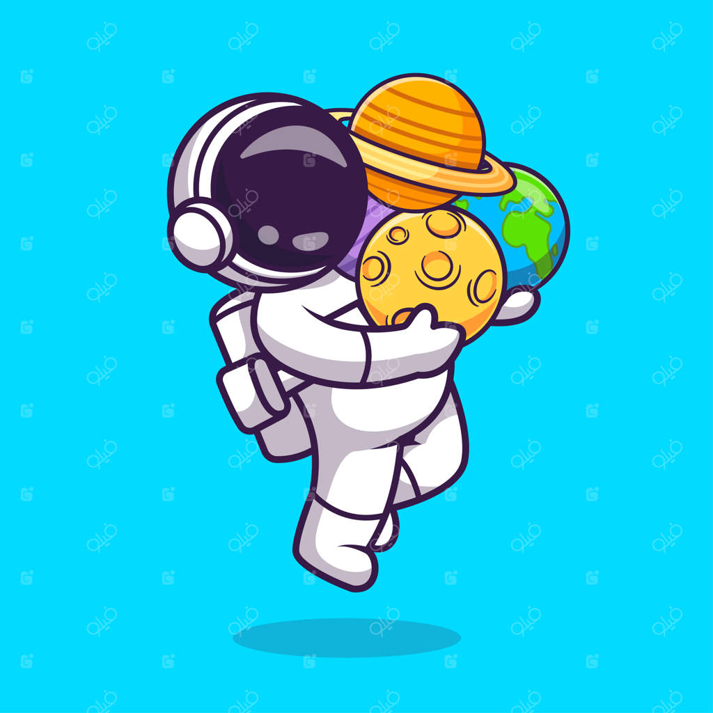 آیکون کارتونی بامزه فضانورد با سیاره و ماه. ایلوستراسیون تکنولوژی علم