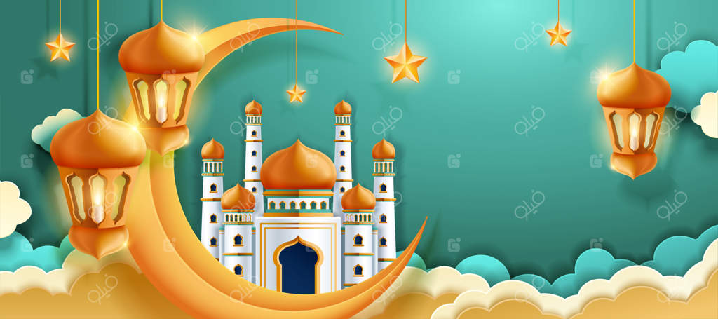 فانوس‌ها و مسجد بر آسمان فیروزه‌ای و زرد