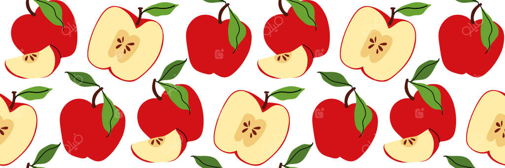 پترن یکپارچه با سیب‌های قرمز، کامل و یک برش خورده که هسته آن را نشان می‌دهد. پس‌زمینه باغ بهاری. مناسب برای پارچه، منو، بسته‌بندی، طراحی آشپزخانه. تصویرسازی ساده.