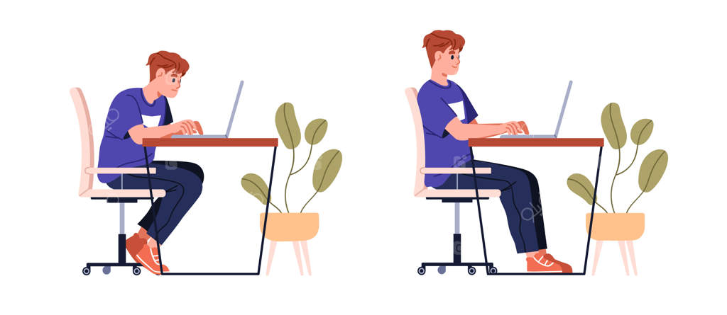 نشستن در وضعیت‌های خوب و بد پشت میز کامپیوتر: موقعیت‌های درست و نادرست در صندلی. حالت‌های سالم و ناسالم برای کمر. تصویرسازی وکتور ساده بر روی زمینه سفید