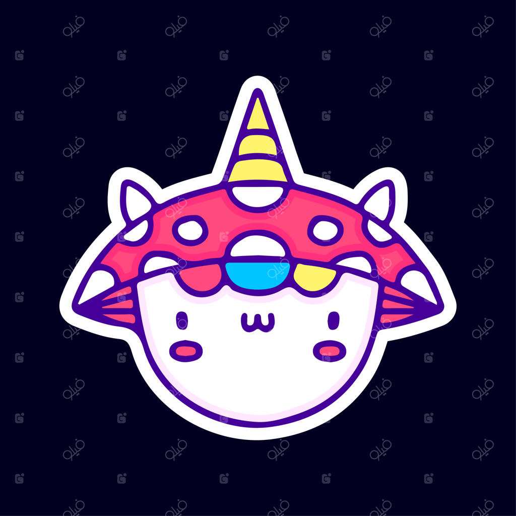 تصویر کارتونی تک‌شاخ بامزه با کلاه قارچی، مناسب برای تی‌شرت و استیکر.