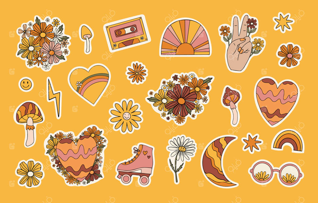 برچسب‌های هیپی قدیمی، عناصر شاد. قارچ‌های کارتونی، گل‌ها، رنگین‌کمان، علامت صلح با دست