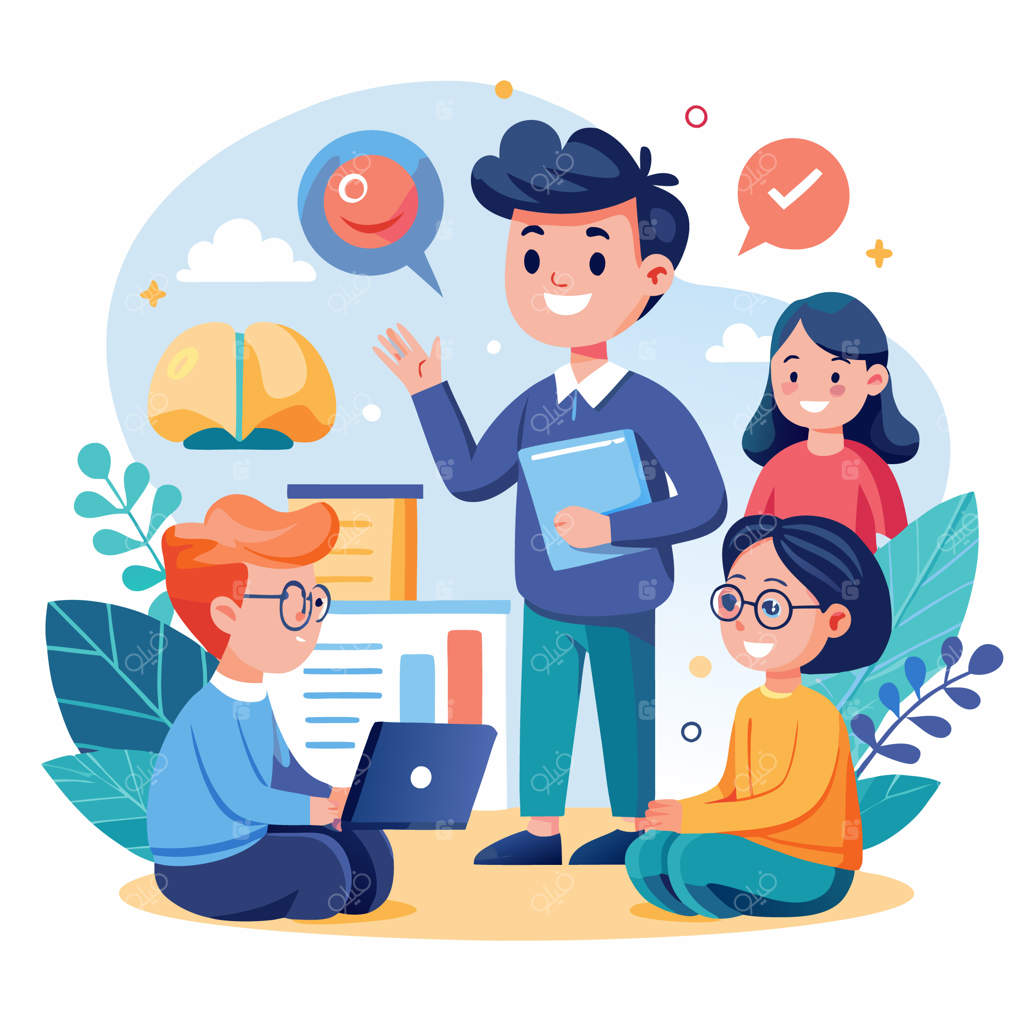 معلمی که به گروهی از دانش‌آموزان در کلاس درس می‌دهد