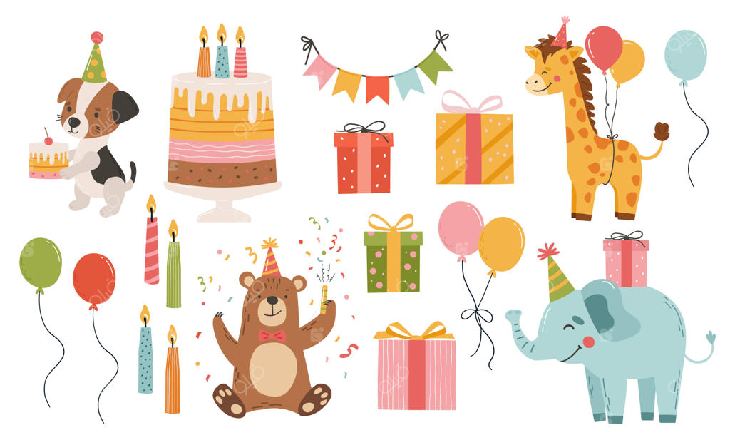 مجموعه وکتور حیوانات جشن تولد، کیک و هدایا جهت طراحی کارت دعوت، استیکر و کارت تبریک