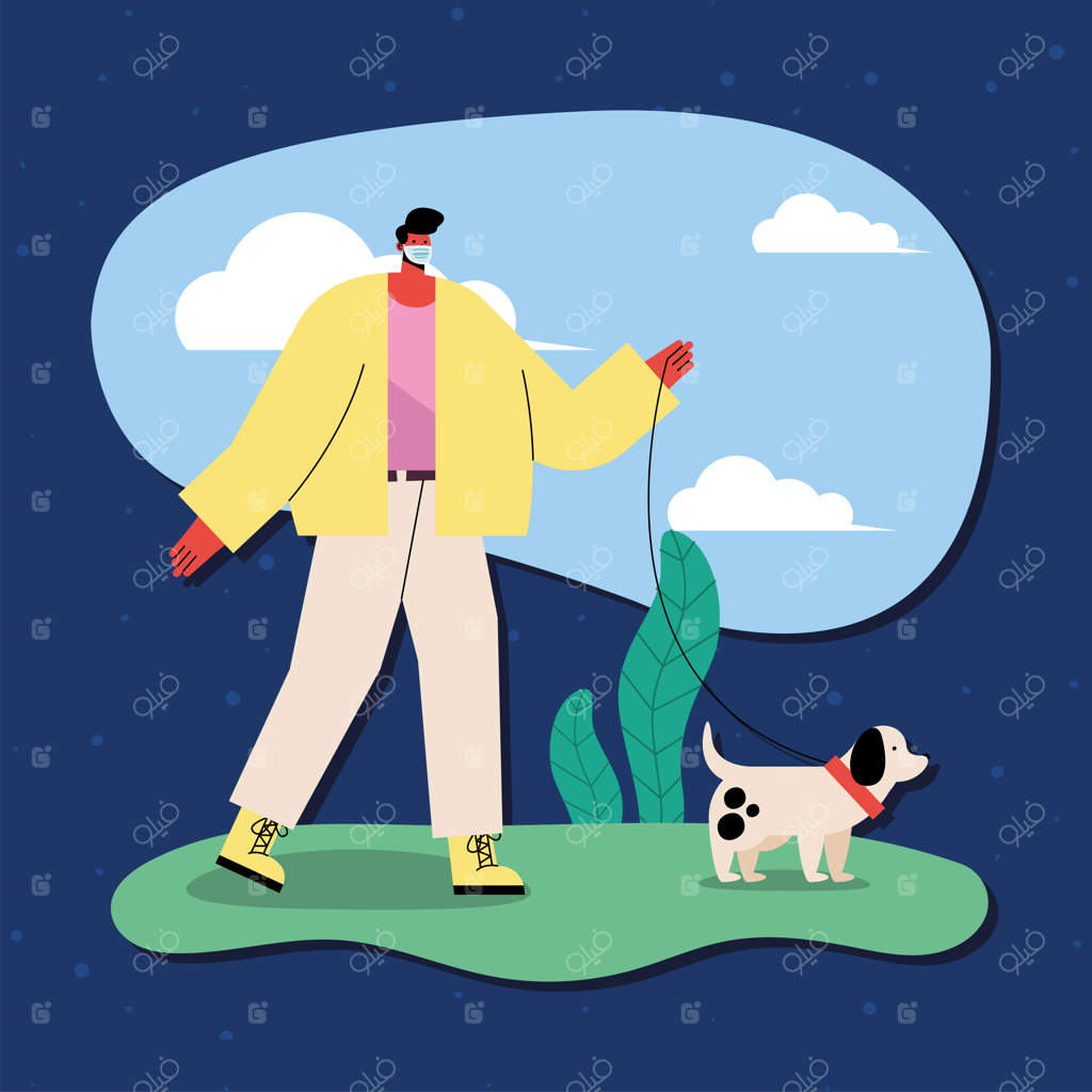 مردی با ماسک در حال پیاده‌روی با سگ