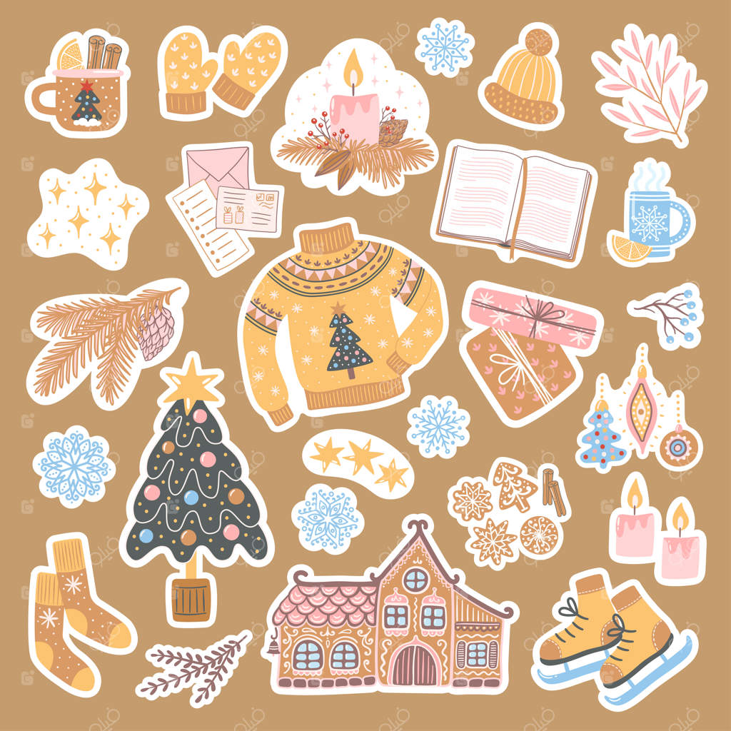 مجموعه‌ای از برچسب‌های سال نو و کریسمس: تصاویر دستی بامزه و دوست‌داشتنی شامل درخت کریسمس، بیسکوییت زنجبیلی، هدایا، دانه‌های برف و دیگر عناصر فصلی.