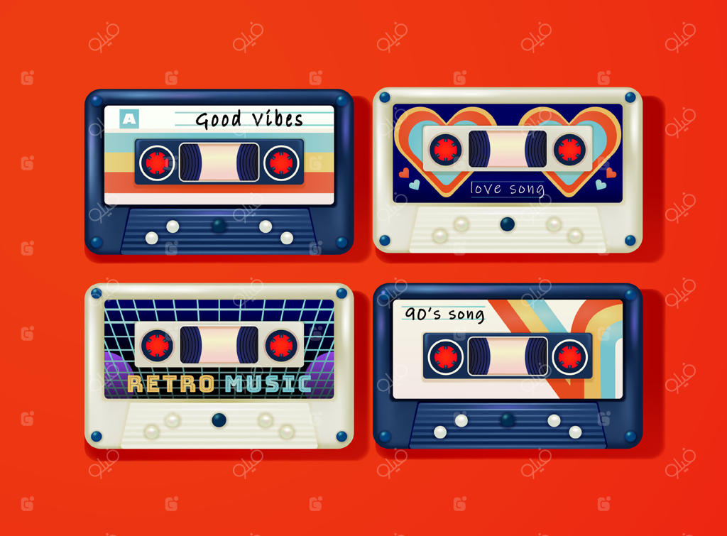 کاست ویدئویی: نمای سه‌بعدی از نوارهای قدیمی با موضوعات راک، نوستالژی و عشق. سبک دهه ۸۰ و ۹۰، تکنولوژی و مفاهیم موسیقی قدیمی.