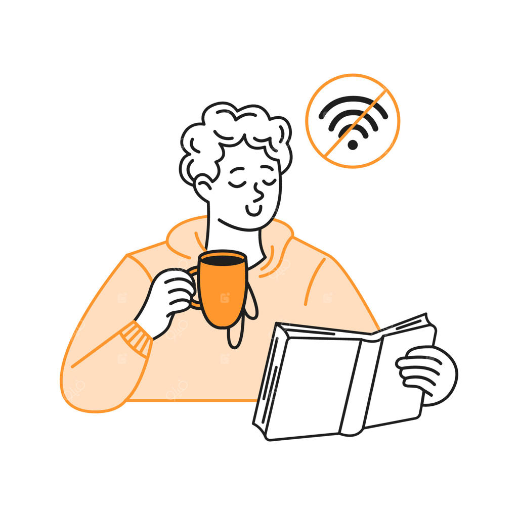 تصویرسازی شخصی که با آرامش در حال مطالعه کتاب و نوشیدن قهوه است. چهره آرام‌اش نشانگر لذت اوست. سمبل بدون خط وای‌فای نشانه‌ای از پاکسازی دیجیتال. هنر خطی ساده.