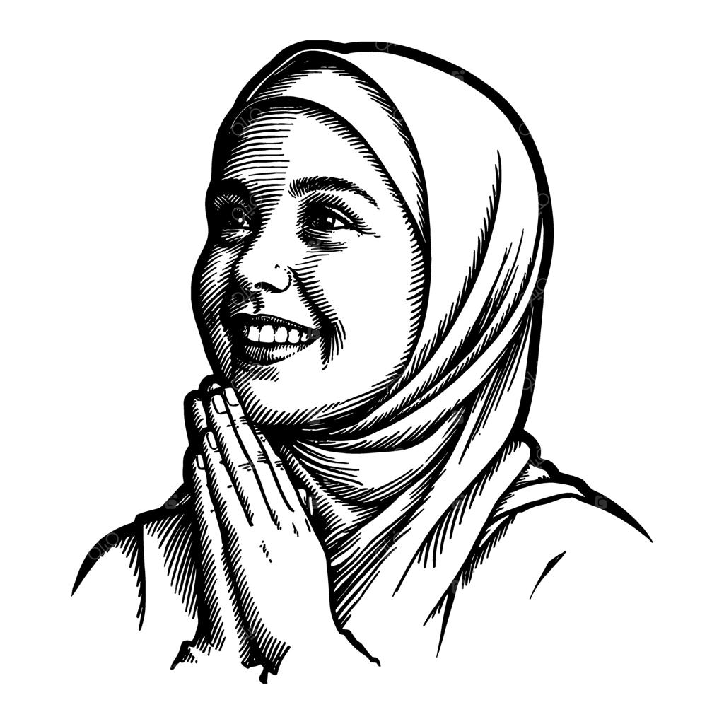 طراحی خطی سیاه و سفید پرتره دختر باحجاب خندان در حال دعا با دست‌های به هم پیوسته و نگاه به بالا