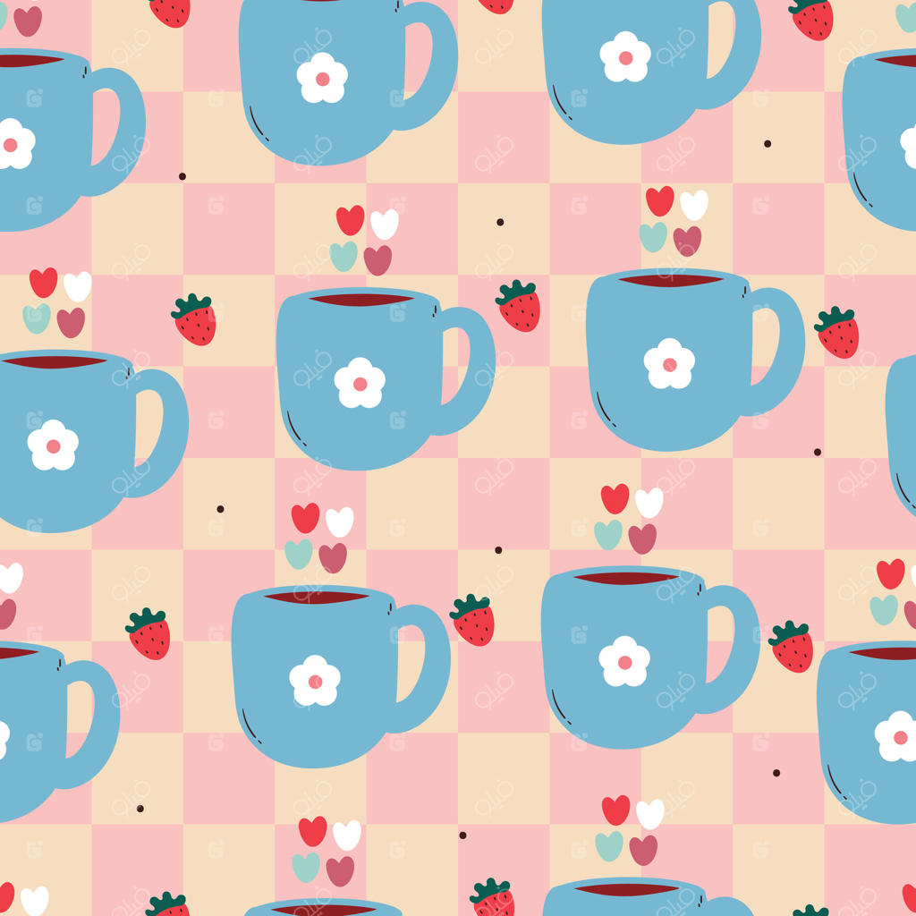 پترن یکپارچه فنجان آبی کارتونی بامزه با قلب‌ها. طراحی جذاب برای الگو و کاغذ دیواری نوشیدنی‌ها