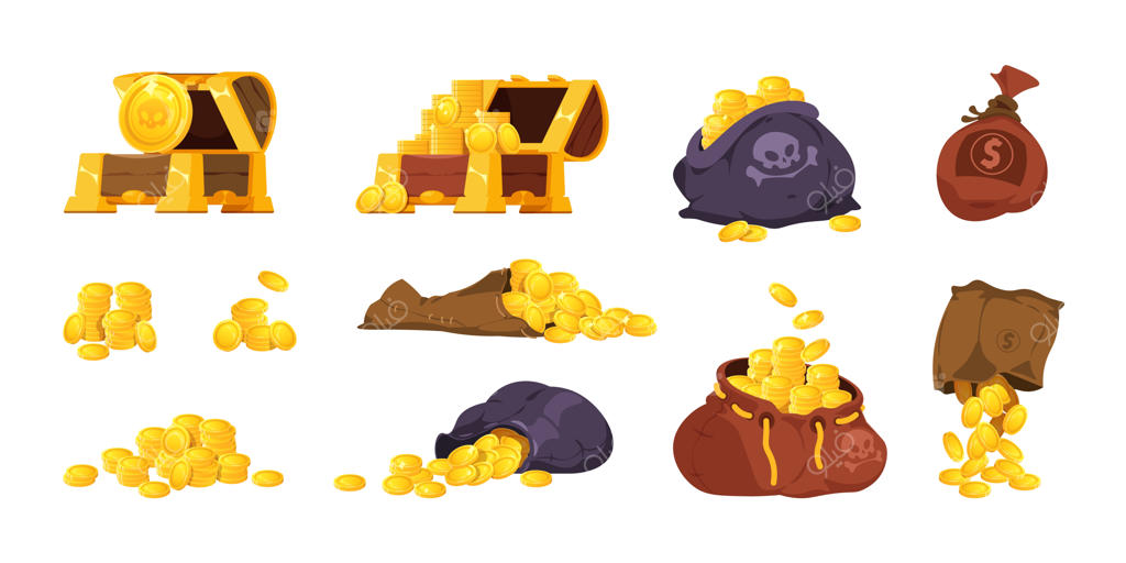 جعبه چوبی دزدان دریایی با سکه‌های طلا و صندوقچه گنج: المان رابط بازی و مجموعه جواهرات قرون وسطایی