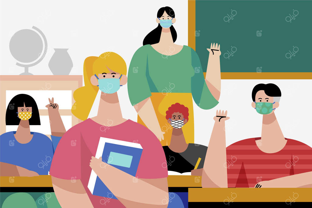 طراحی تخت: معلم و دانش‌آموزان با ماسک در کلاس درس