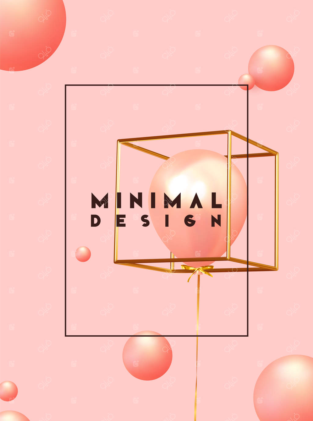 زمینه طراحی مینیمال با اشیاء سه‌بعدی واقع‌گرایانه: کره‌های مرجانی، توپ‌های صورتی، بادکنک‌های رز. تصویرسازی وکتور