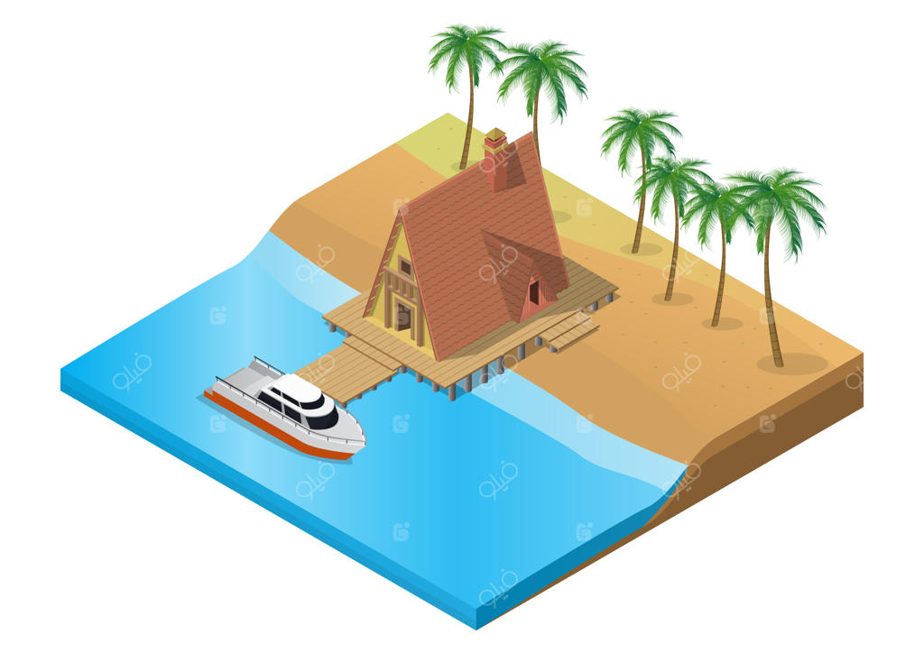 اقامتگاه چوبی استوایی با نمای ایزومتریک و قایق روی آب