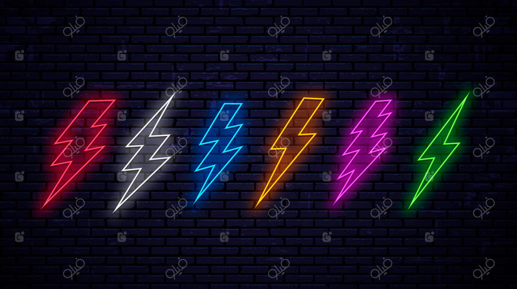 مجموعه‌ای از رعد و برق‌های نئون رنگارنگ بر روی دیوار. رنگ‌های قرمز، سفید، آبی، زرد، صورتی و سبز نئون.