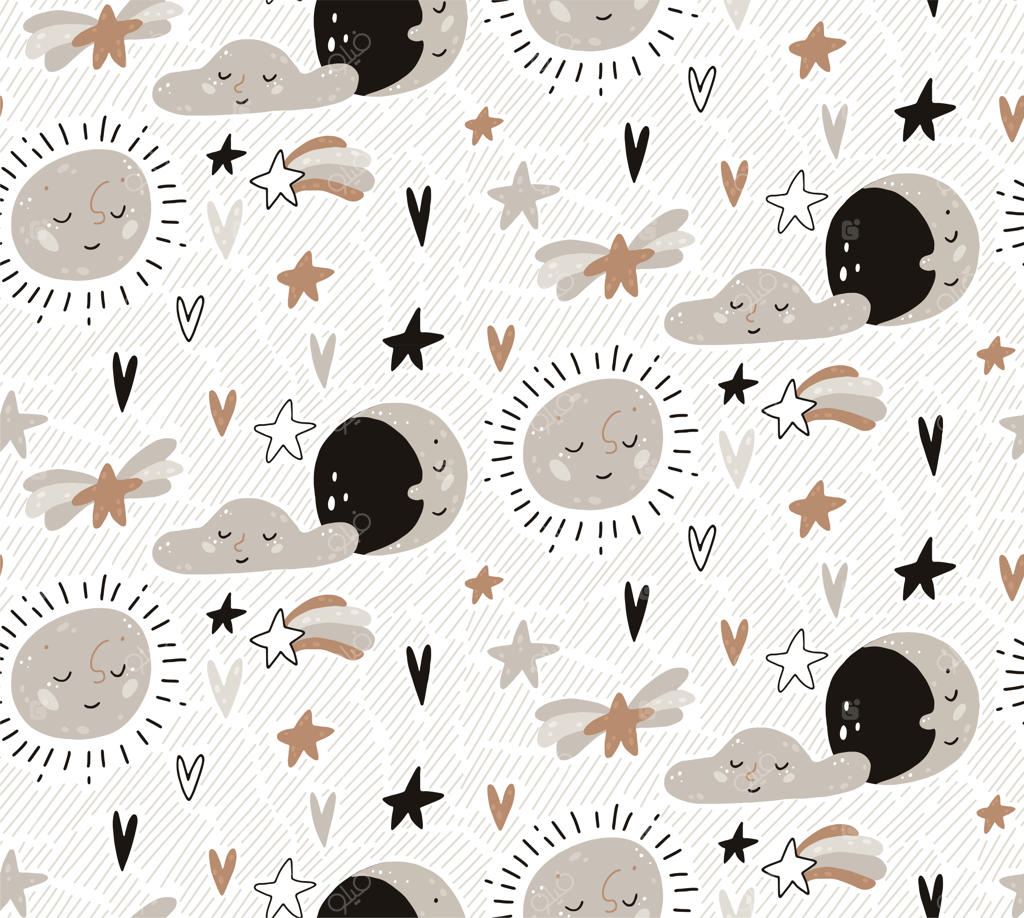 پترن یکپارچه با نقاشی دستی خورشید کودک، ابر و ماه