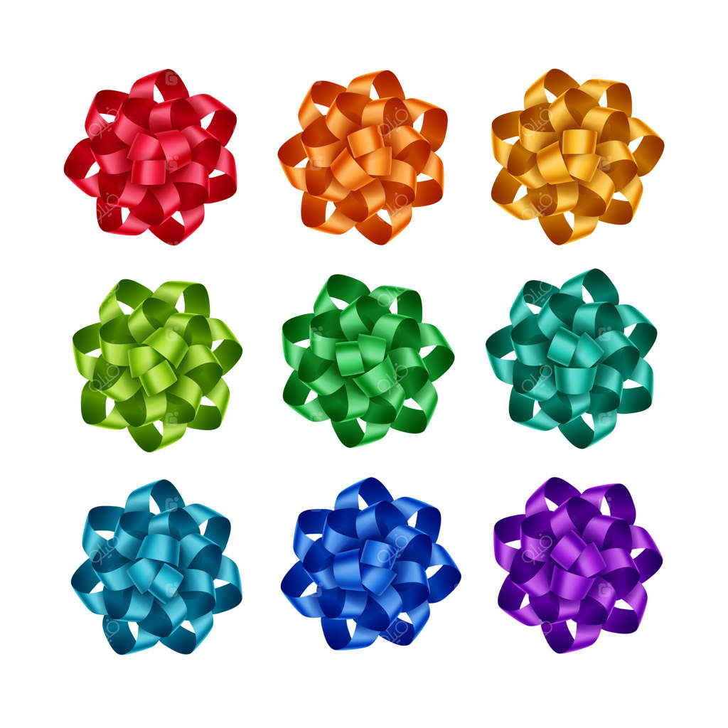 مجموعه‌ای از روبان‌های هدیه با رنگ‌های قرمز روشن، نارنجی، زرد، آبی روشن، فیروزه‌ای، سبز زمردی، بنفش و ارغوانی روی پس‌زمینه‌ سفید