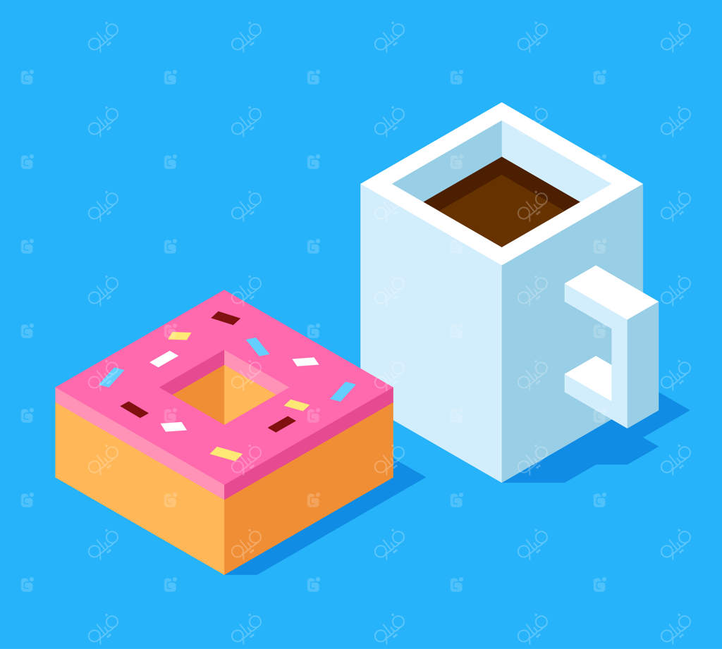 قهوه و دونات سه‌بعدی ایزومتریک