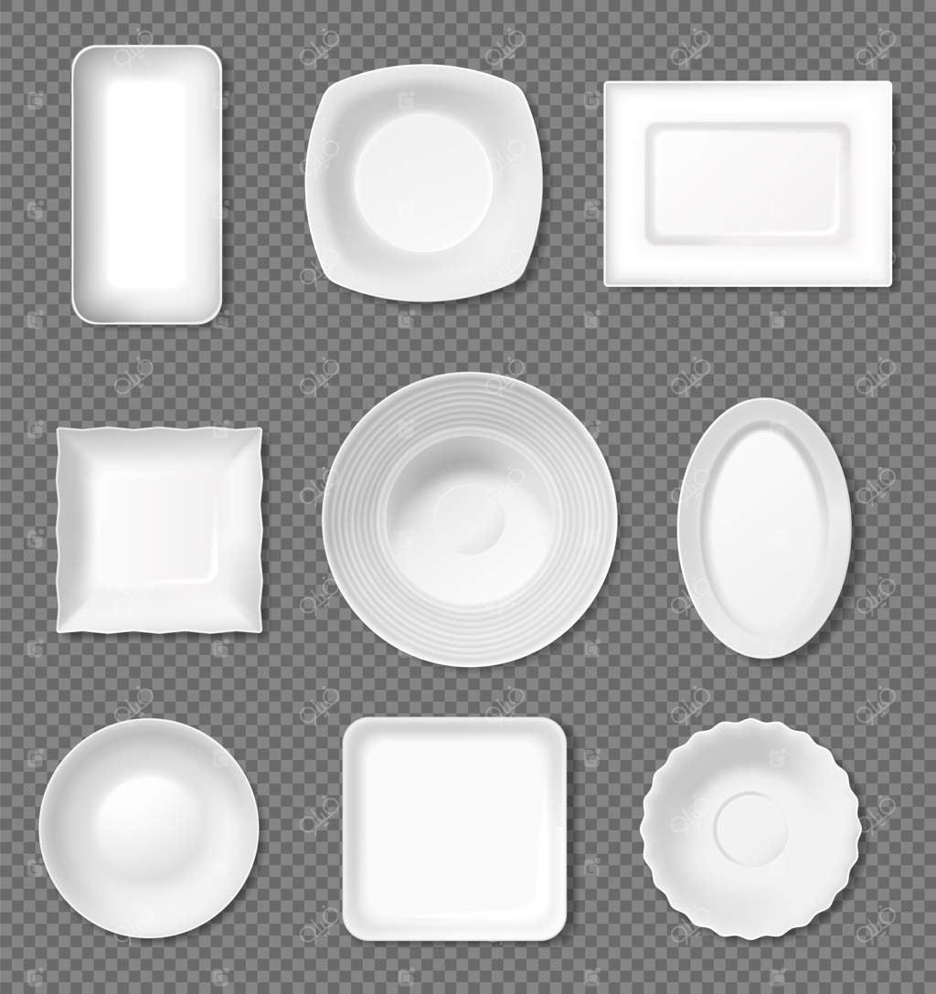 مجموعه ظروف غذاخوری و پذیرایی: بشقاب‌ها و کاسه‌های سرامیکی و چینی از نمای بالا