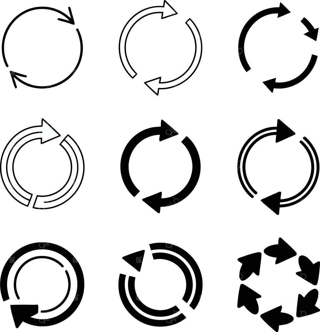 نه آیکون مختلف پیکان دایره‌ای نشان‌دهنده نمادهای تازه‌سازی، تکرار و بازیافت بر روی زمینه سفید