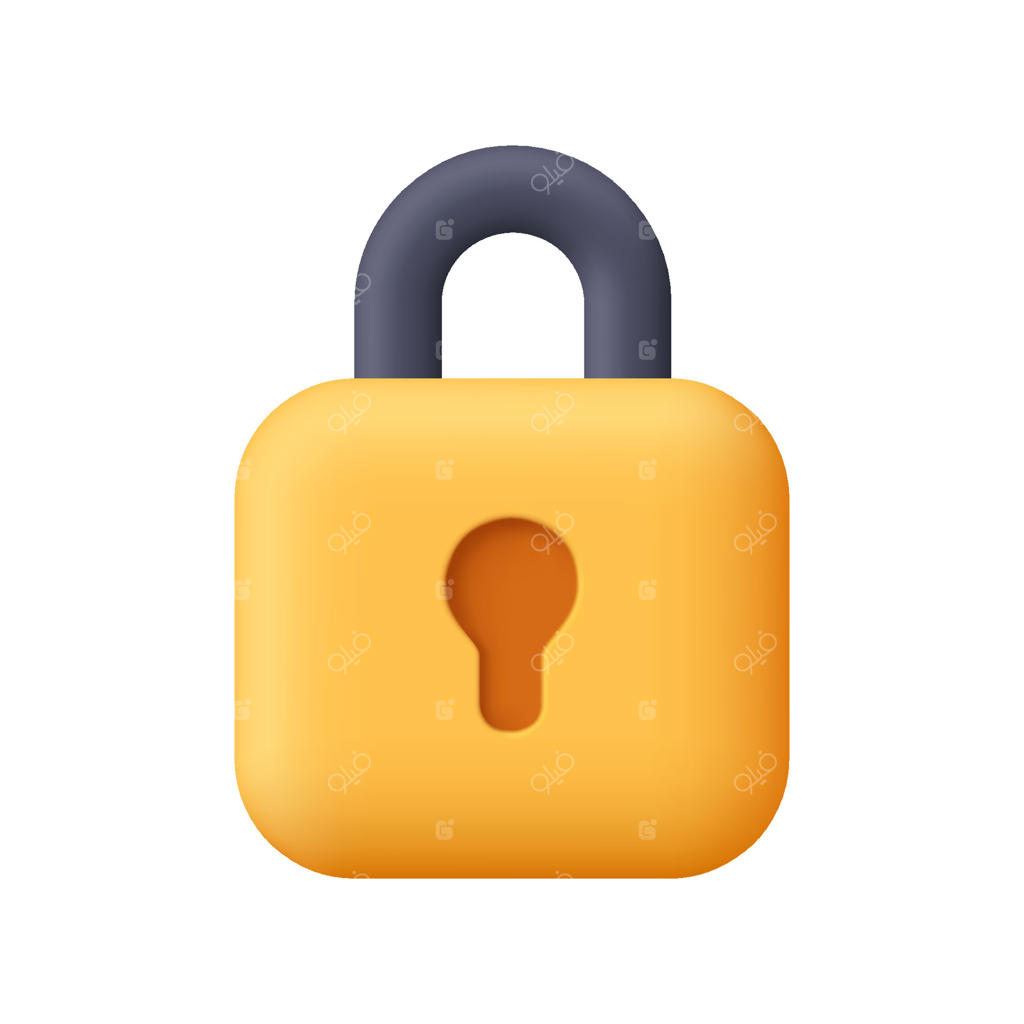 قفل زرد با حلقه مشکی خمیده و سوراخ کلید. مفهوم امنیت، رمزگذاری و حفاظت از حریم خصوصی. آیکون سه‌بعدی. سبک کارتونی و مینیمال.