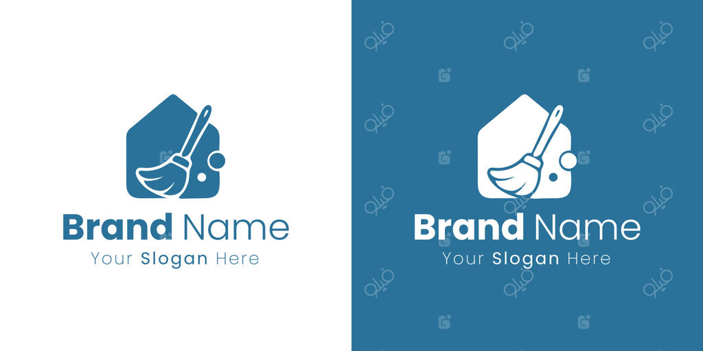 لوگوی خدمات نظافت منزل با تصویر جارو درون آیکون خانه برای هویت حرفه‌ای برند