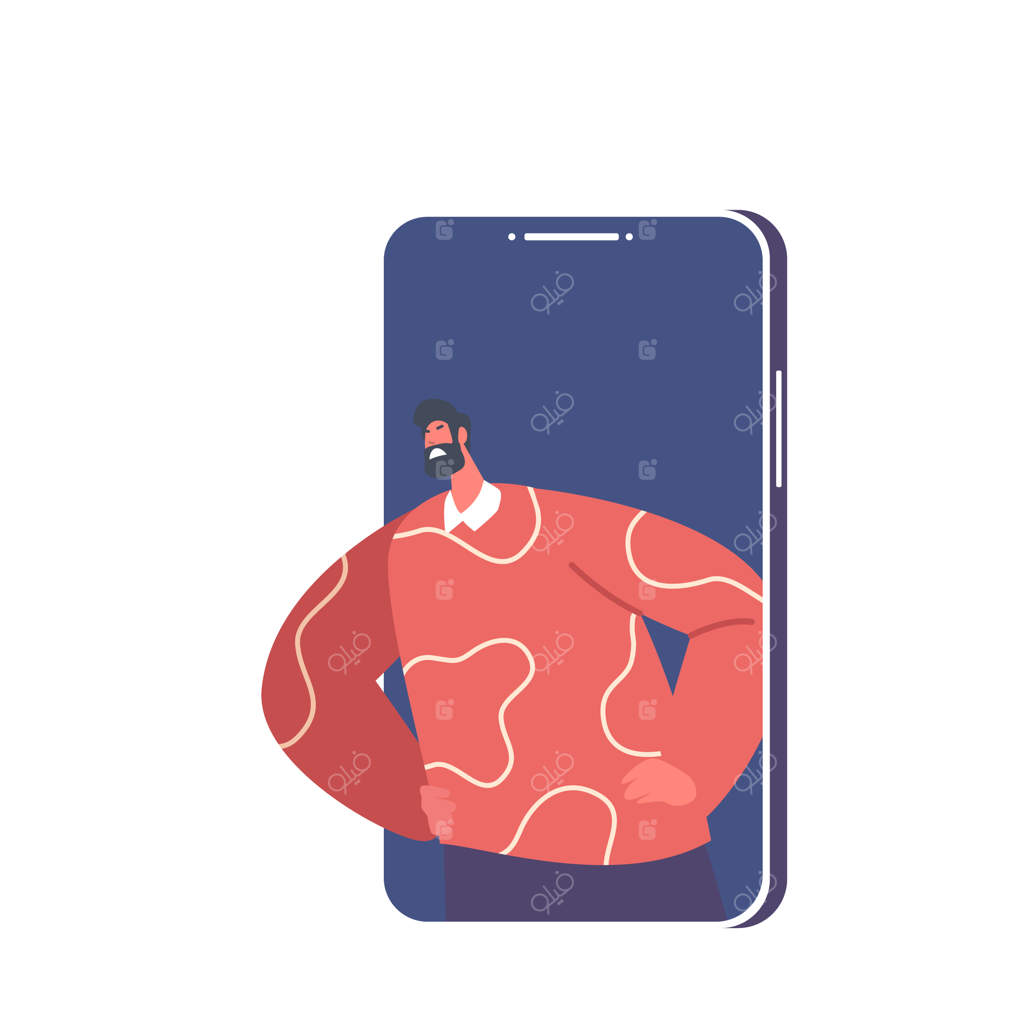 مرد خشمگین و تهاجمی که از صفحه‌نمایش گوشی هوشمند فریاد می‌زند و سرزنش می‌کند: قلدری سایبری در شبکه‌های اجتماعی آنلاین