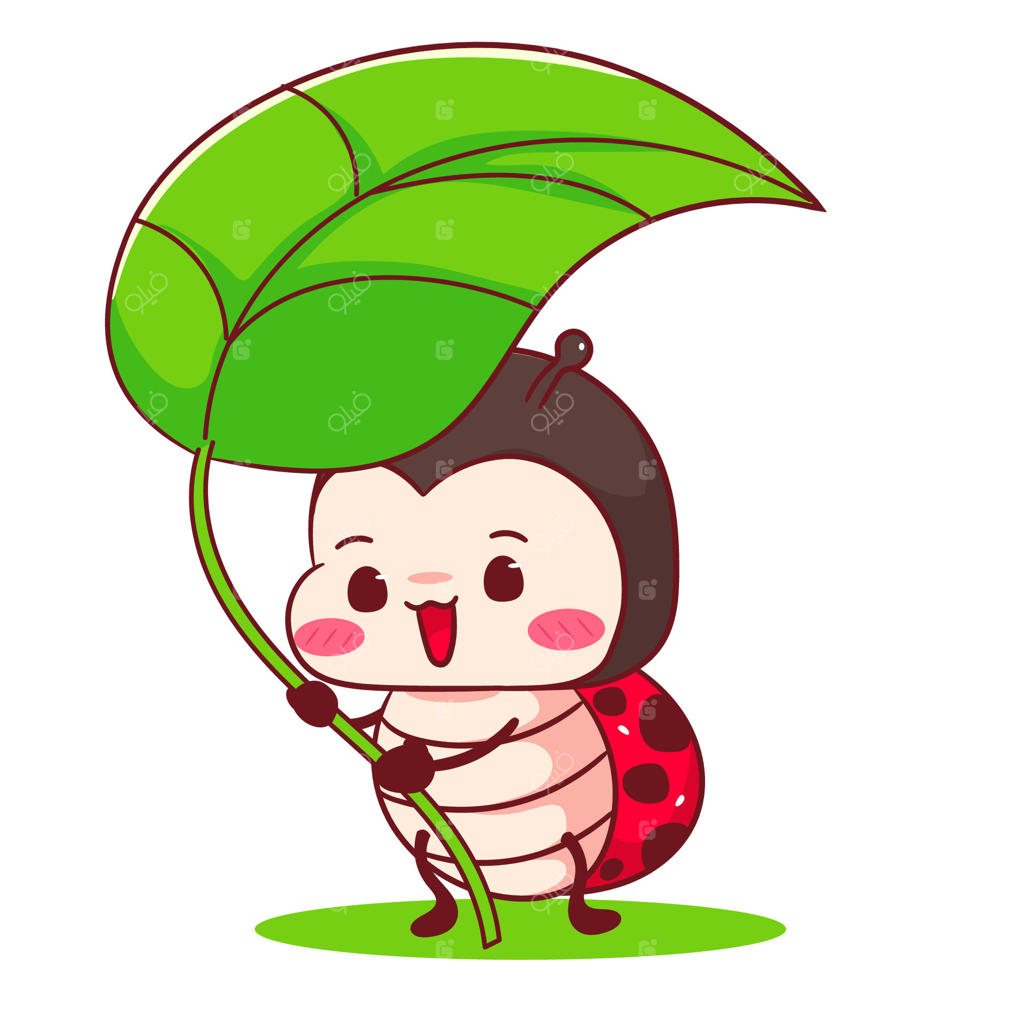 کارتون شخصیت بامزه کفشدوزک در حال نگه‌داشتن برگ. طراحی سبک دستی حیوان کیوایی. لوگو و نماد هنر و الهام گرفته از طرح ماسکات