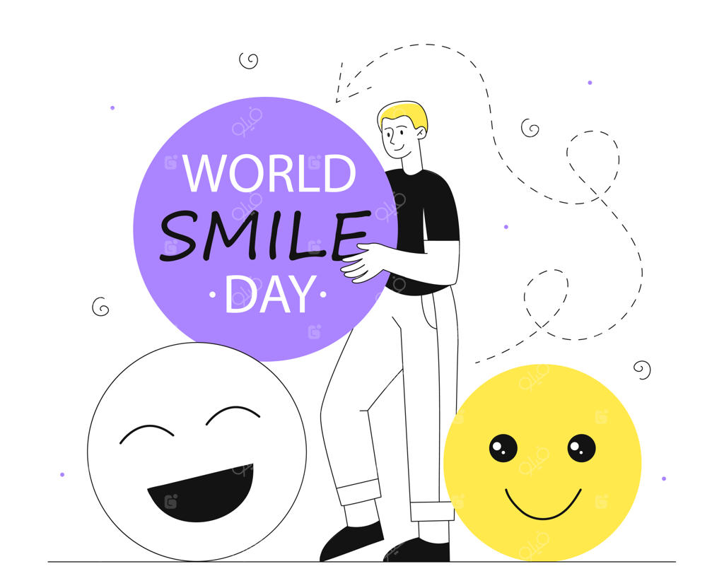طرح خطی مفهومی روز جهانی لبخند؛ پسر جوان در کنار ایموجی‌ها و شکلک‌های خندان با احساسات مثبت
