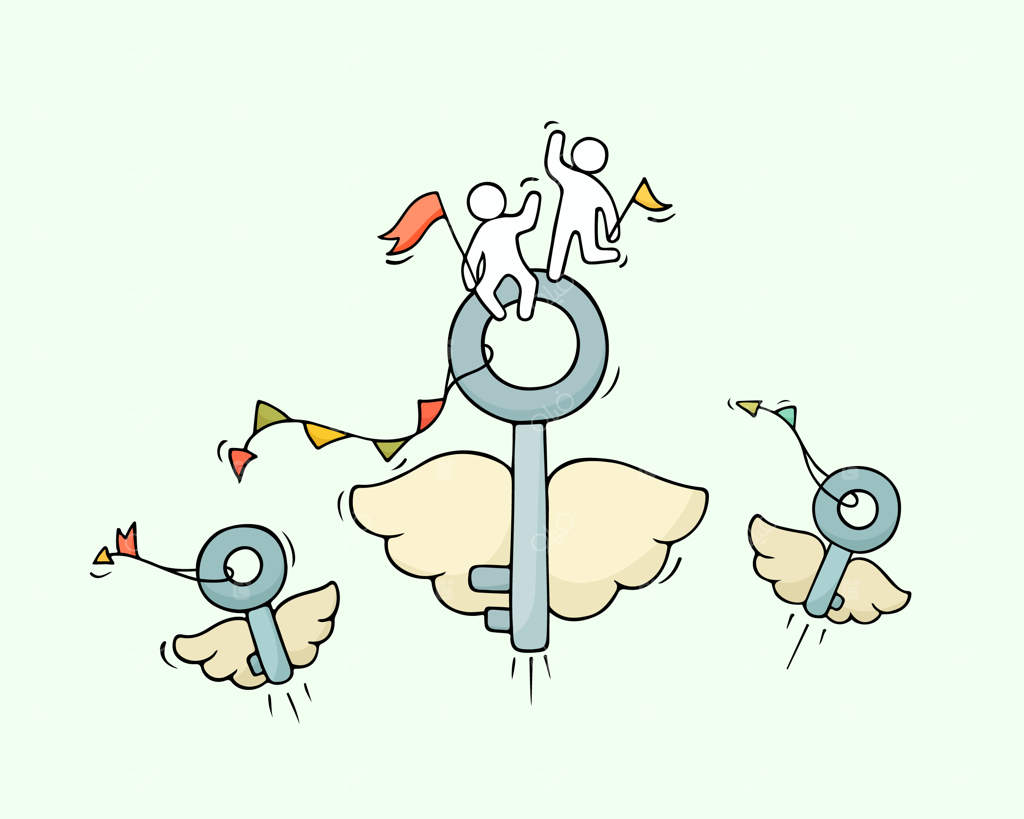 طرح کلیدهای پرنده با کارگران کوچک. طرح مینیاتوری بامزه درباره ایده کسب و کار. تصویر کارتونی دست‌کشیده برای طراحی تجارت و امنیت.
