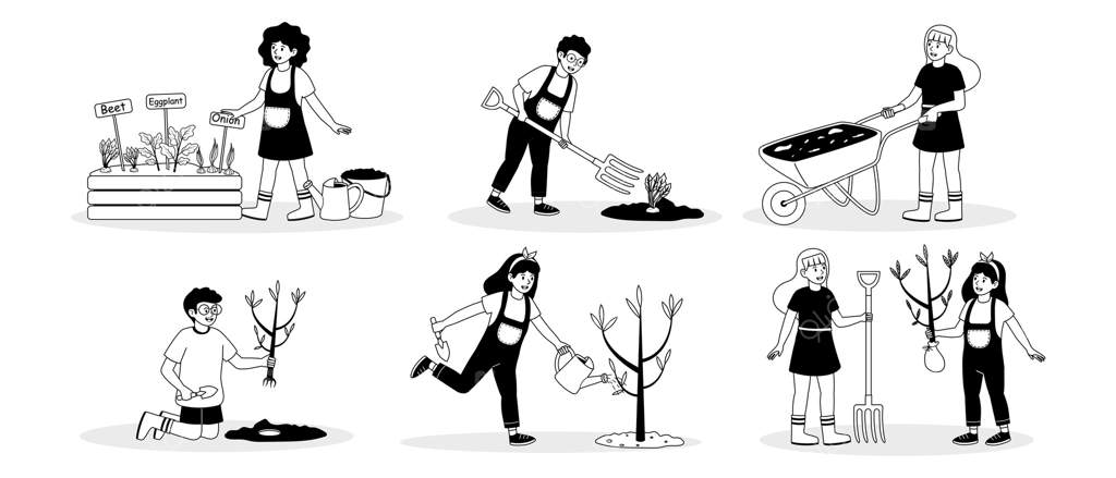 اعضای جامعه در یک باغ متنوع به کاشت و نگهداری گیاهان می‌پردازند