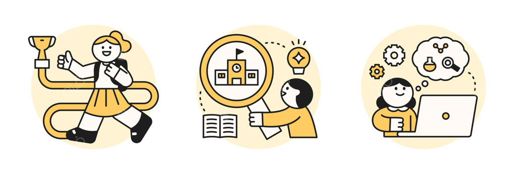 تصویرسازی مفهوم آموزش؛ دانش‌آموزان در جستجوی مسیر موفقیت، اطلاعات متنوع و مدرسه خوب