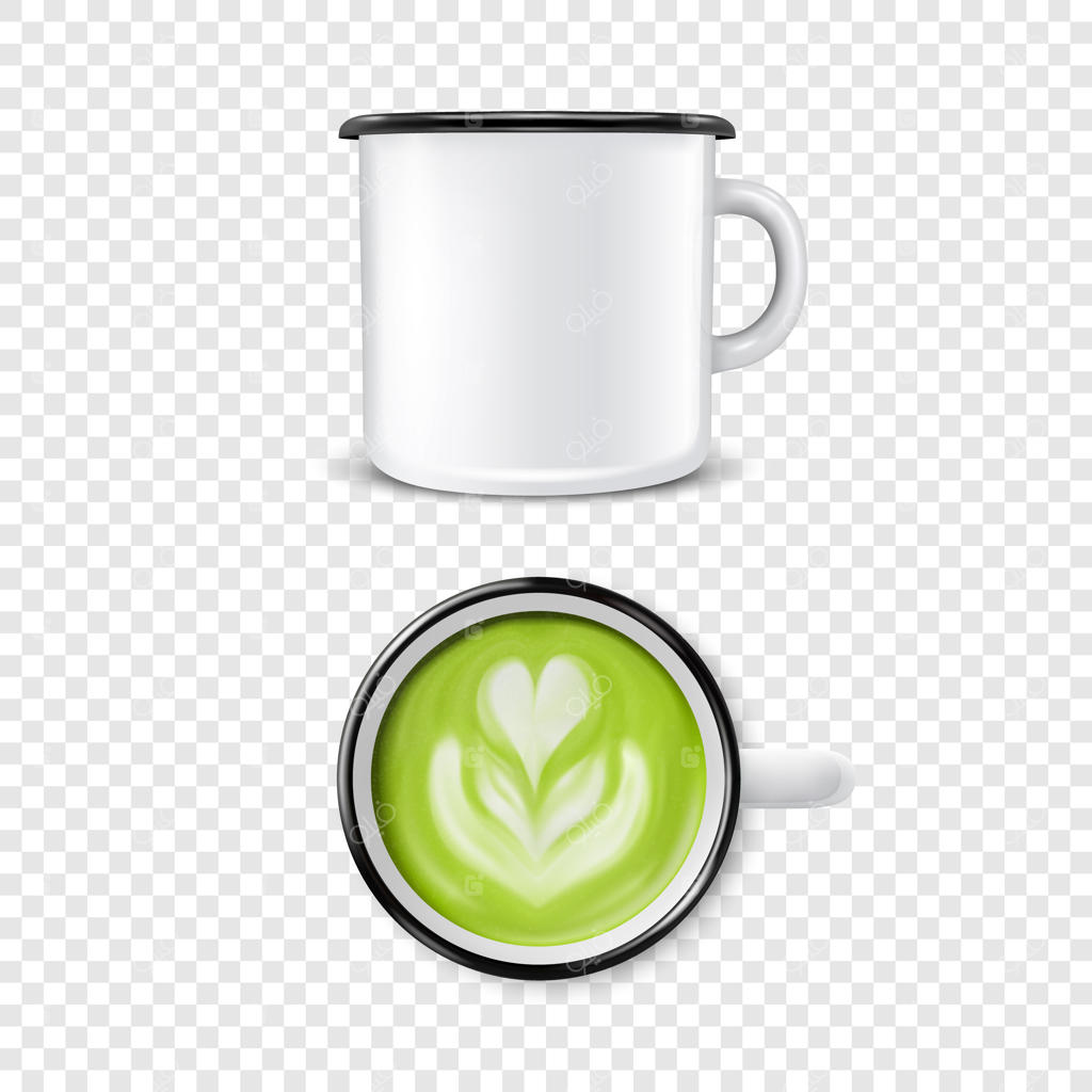 طرح ماگ فلزی سه‌بعدی سفید با کف سبز ماچا: نمای بالا و جلو، پترن قلب گل برای موکاپ