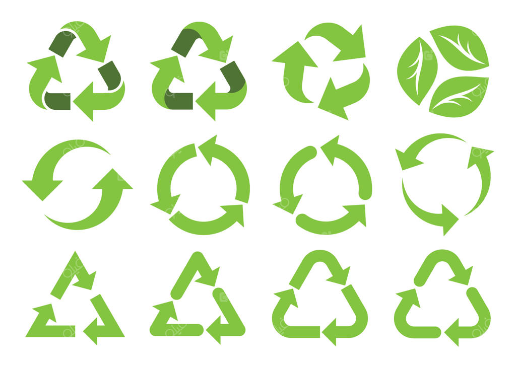 مجموعه‌ای از نمادهای بازیافت و چرخش فلش‌ها. آیکون‌های بازیافت. فلش‌های بازیافتی. آیکون‌های سبز برای بسته‌بندی و بازیافت. نمادهای محیط زیستی و سازگار با محیط زیست.