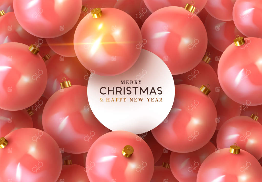 زمینه‌ای با توپ‌های صورتی کریسمس. تزئینات کروی واقع‌گرایانه برای کریسمس. کارت تبریک، بنر، پوستر، بروشور شیک. کریسمس مبارک و سال نو خوش. تصویر برداری