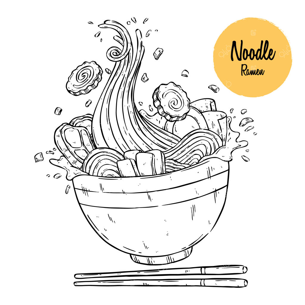طرح رشته‌های غذای آسیایی در حال پرواز از کاسه با چاپ استیک. طرح وکتور نودل ژاپنی.