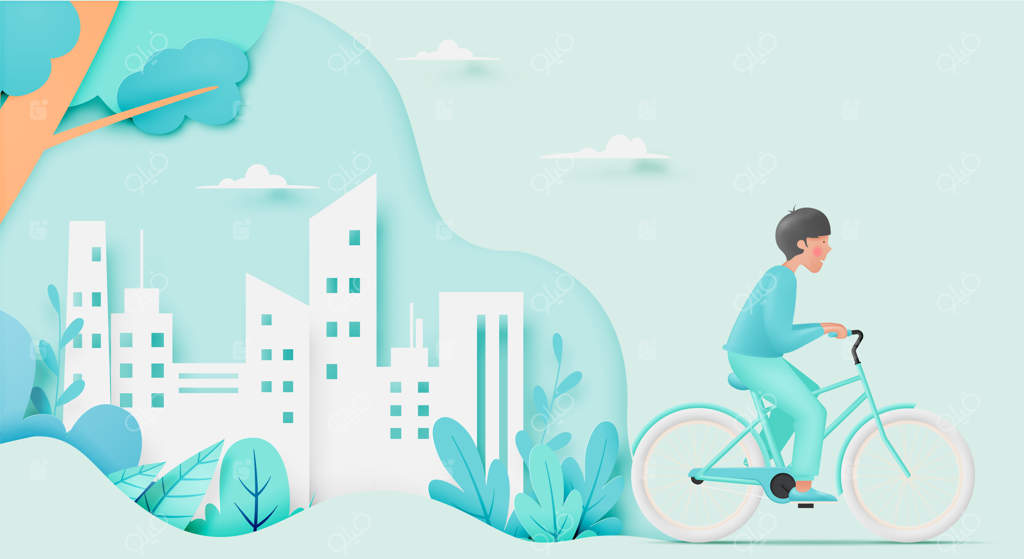 جوانی در حال دوچرخه‌سواری برای روز جهانی دوچرخه و روز بدون خودرو - تصویرسازی مفهومی با طرح رنگ پاستل