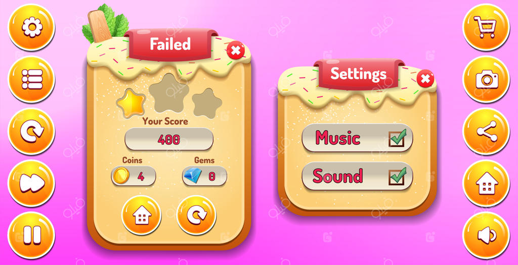 شکست در سطح و نمایش منوی تنظیمات با امتیاز ستاره‌ها و دکمه‌های رابط کاربری