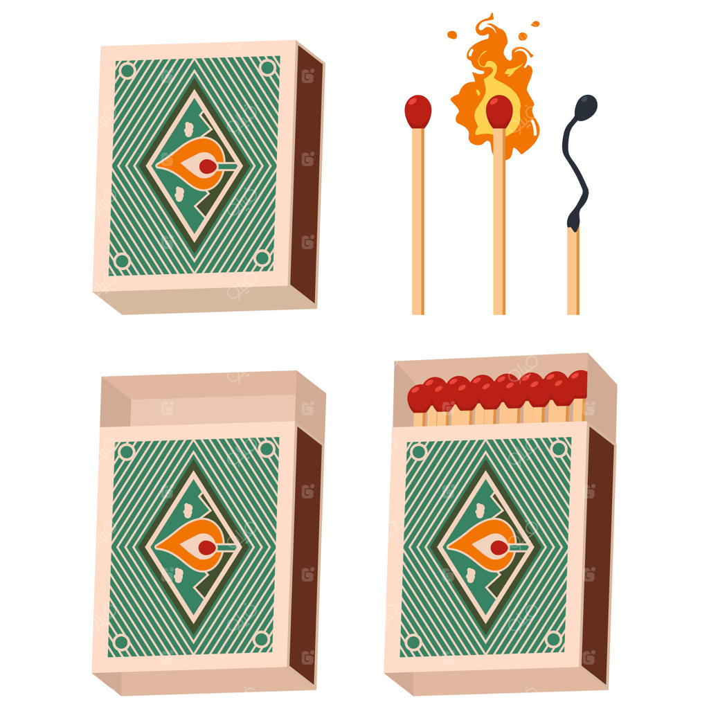 قوطی کبریت و چوب‌کبریت‌ها در زمینه سفید