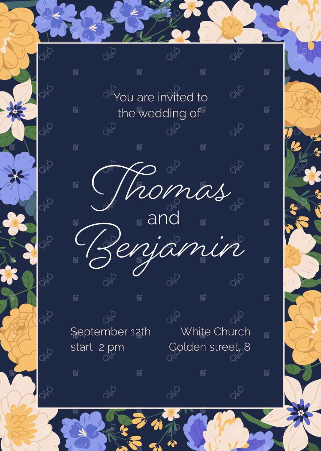 طراحی کارت دعوت عروسی با گل‌های زیبا: قالب عمودی کارت دعوت با گل‌های صد تومانی، زنبق، نرگس و جای متن. تصویرسازی رنگی و جذاب.