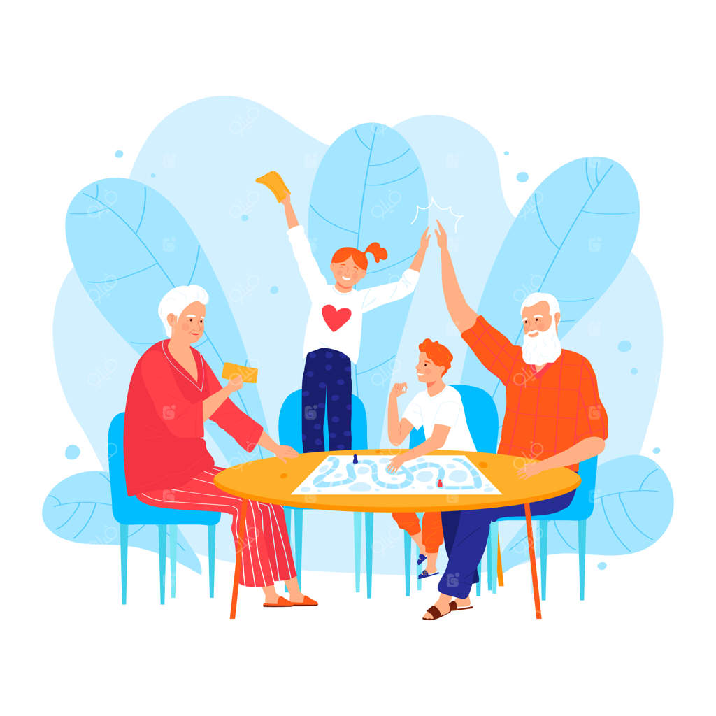 شخصیت نوه در حال بازدید از پدربزرگ و مادربزرگ، مرد و زن سالخورده شاد با کودکان، تصویر کارتونی.