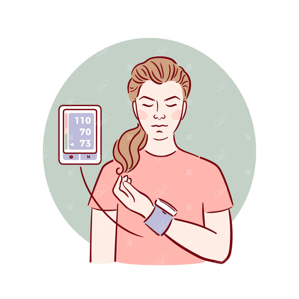 «تصویرسازی هنری و طرح‌گونه از زن جوانی که با چهره‌ای متمرکز، فشار خون خود را با فشارسنج مچی اندازه می‌گیرد؛ تأکیدی بر اهمیت پایش سلامت.»
