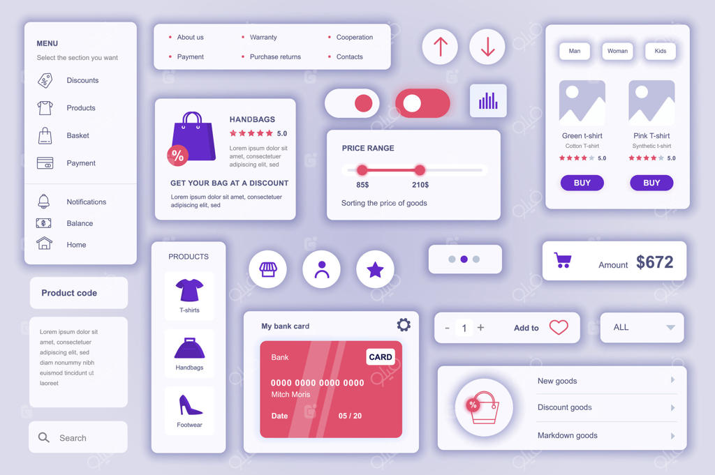 مجموعه عناصر رابط کاربری برای اپلیکیشن موبایل و وب‌سایت‌های فروشگاهی؛ کیت طراحی شامل منوی خرید، سفارش محصول، قیمت، پرداخت و نویگیشن بازار، به همراه بسته کامپوننت‌های UI ،UX و GUI.
