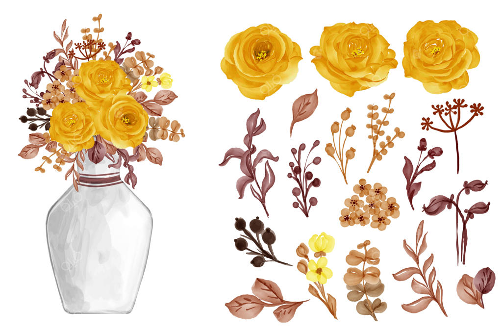 برگ‌های آبرنگی با رنگ زرد رز در پاییز