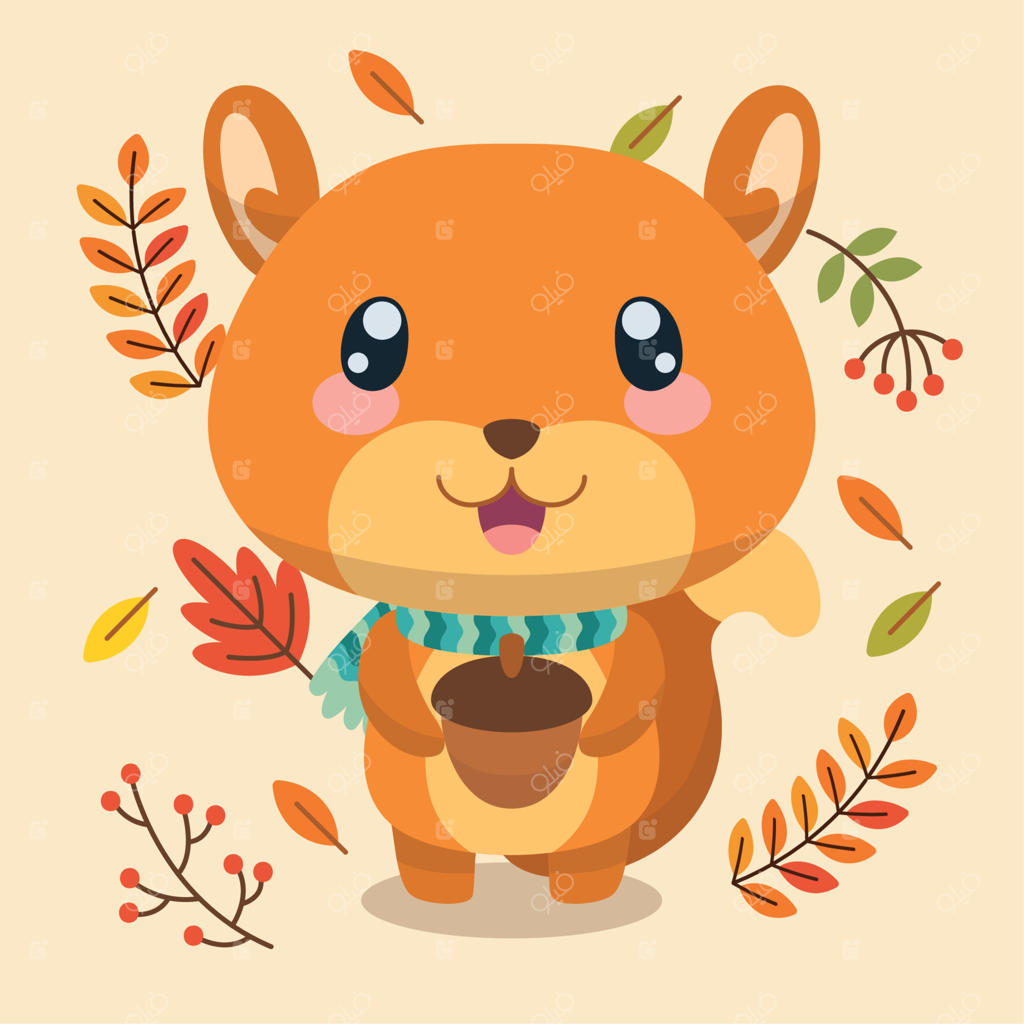 شخصیت بانمک سنجاب تنها با یک فندق در پس‌زمینه پاییزی - وکتور