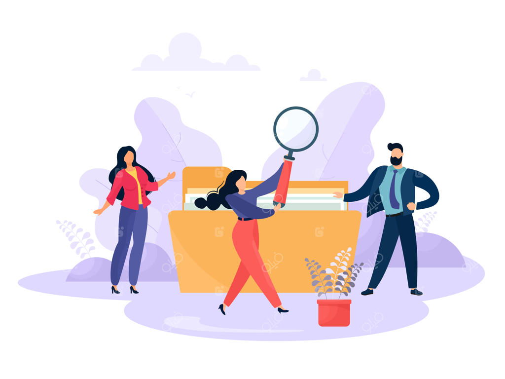 تجار در جستجوی پرونده‌ها هستند. افراد با پوشه و منشی با ذره‌بین. شخصیت‌های کارتونی به سبک تخت.